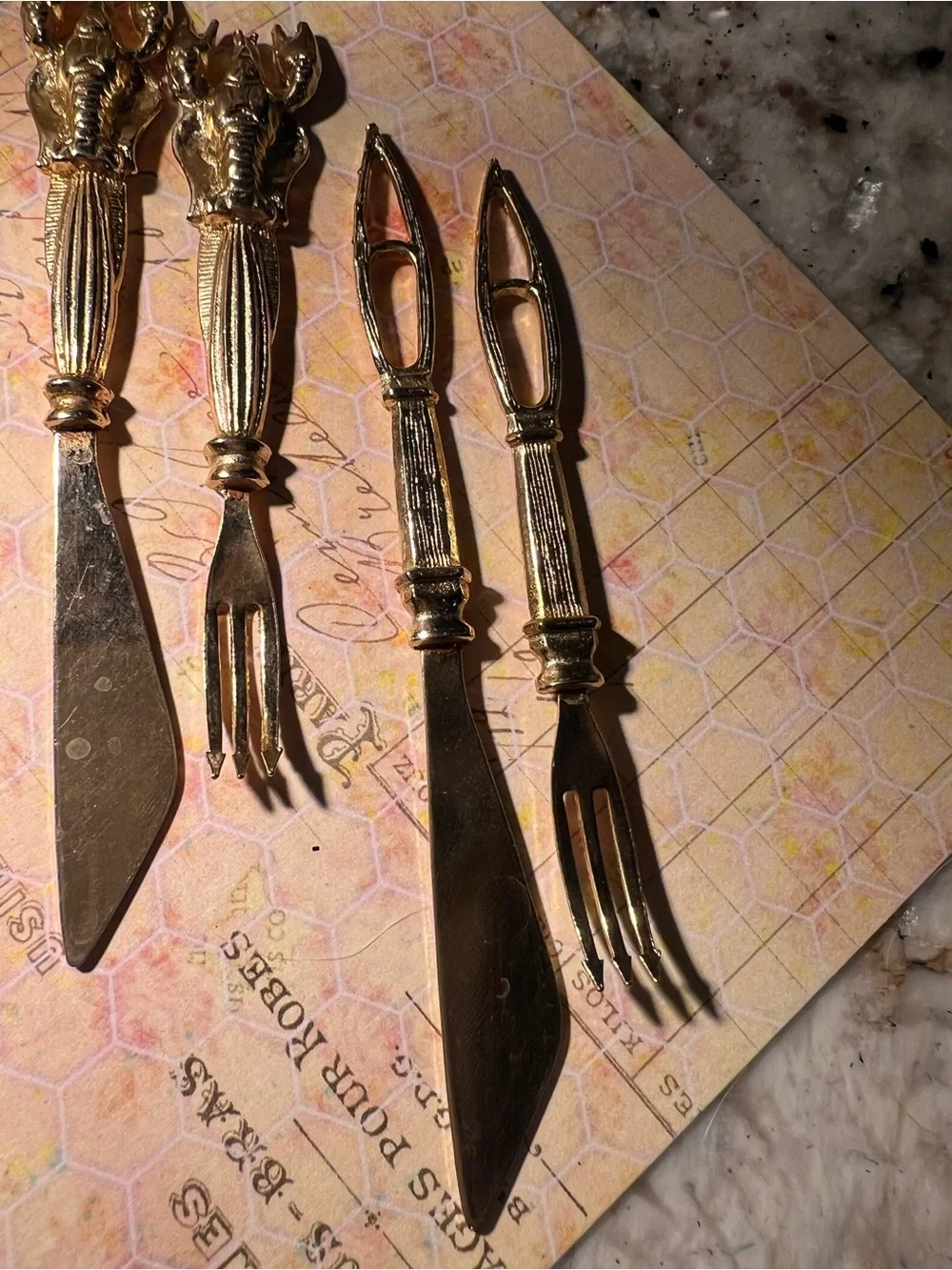 Vintage Gold-Tone Decorative Appetizer Knives and Forks Set no damage detected